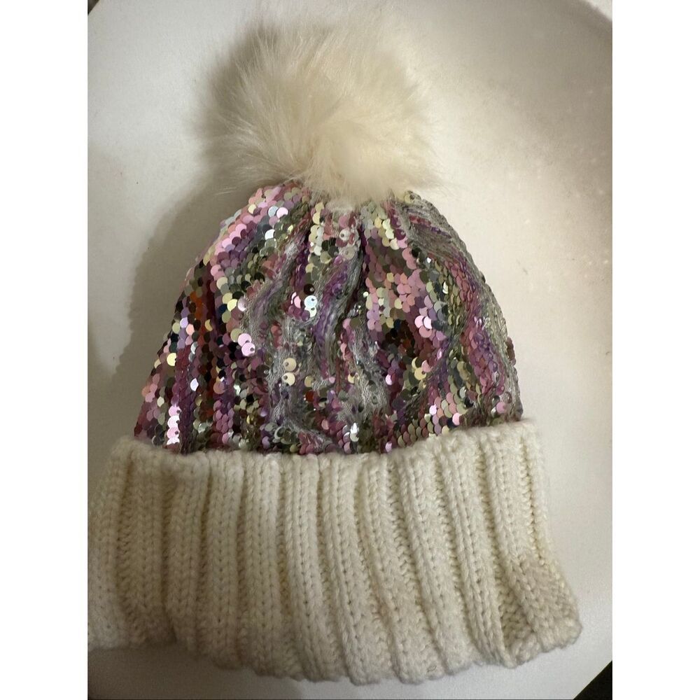 Tucker + Tate Kids Sparkle Sequins Rib Knit Pom Beanie Hat Purple White One Size